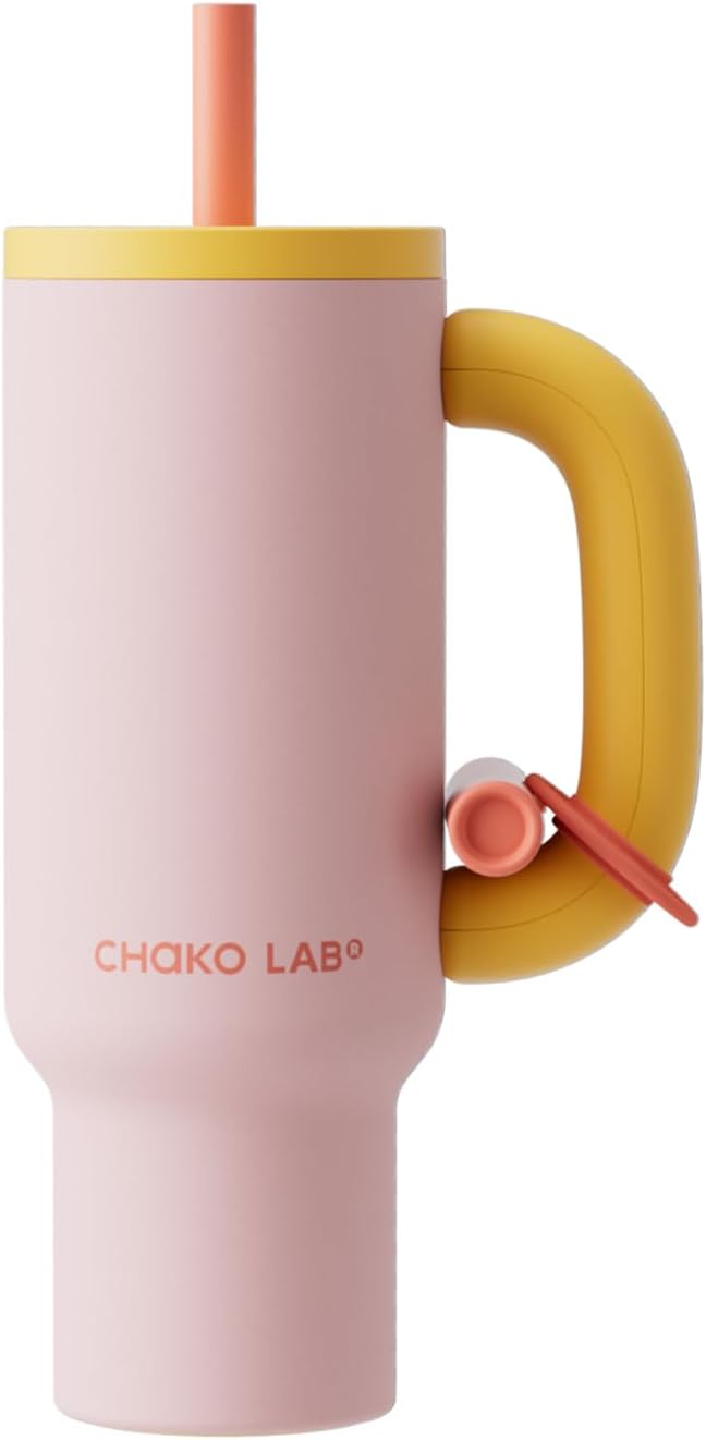 BaWang Insulated Stainless Steel Tumbler | Tumbler with Handle and Straw 33oz | Cup Holder Friendly for Travel | Leakproof Water Bottle | BPA-Free | Ceramic liner| pink＆yellow