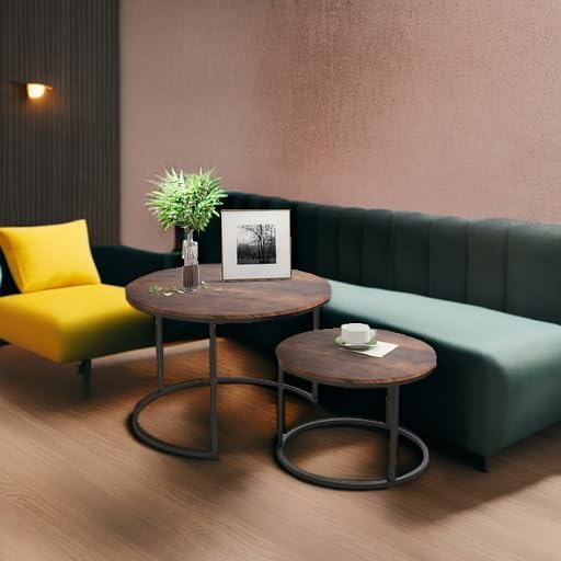 Industrial Round Coffee Table Set of 2 End Table for Living Room,Stacking Side Tables, Sturdy and Easy Assembly,Wood Look Accent Furniture with Metal Frame,Black+Rustic Brown