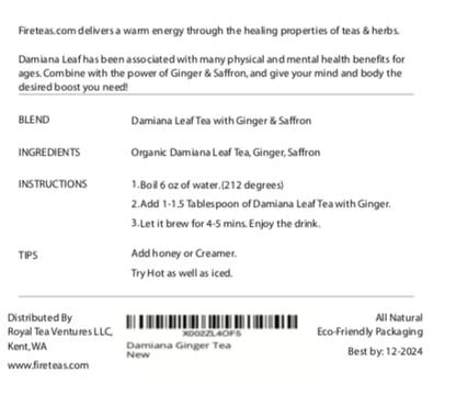 FIRE TEAS Organic Damiana Leaf Herbal Tea with Saffron & Ginger - Health, Wellness & Stamina for Men & Women -