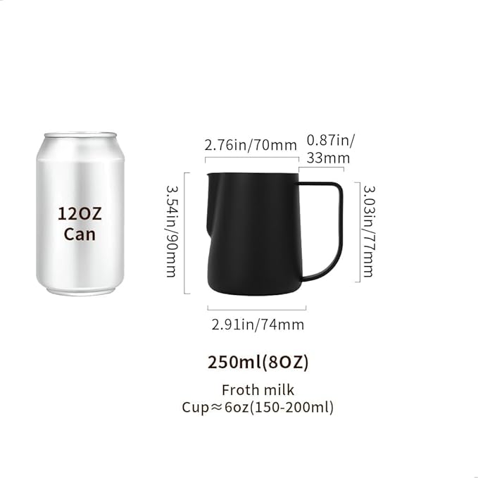 watchget Milk Frothing Pitcher 250ml/8oz Stainless Steel Espresso Steaming Pitcher Milk Coffee Cappuccino Latte Art Barista Steam Pitcher Milk Frothing Jug, Black