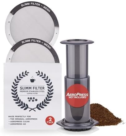 Reusable Filter Set by Slimm Filter - 2 Piece, Stainless Steel Metal - 2x Mesh Metal Filters For AeroPress Coffee & Espresso Maker, with Complimentary Recipe Book - Brew Barista-Grade Coffee At Home