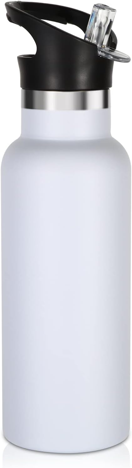 Volhoply 17oz Kids Insulated Water Bottle,Stainless Steel Water Bottles with Straw Lid,Reusable Metal Cups Water Bottle,Double Wall Vacuum Sports Water Flask Keep Hot & Cold for School (White,1 Set)