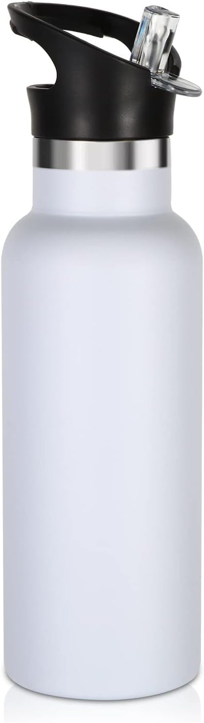 Volhoply 17oz Kids Insulated Water Bottle,Stainless Steel Water Bottles with Straw Lid,Reusable Metal Cups Water Bottle,Double Wall Vacuum Sports Water Flask Keep Hot & Cold for School (White,1 Set)