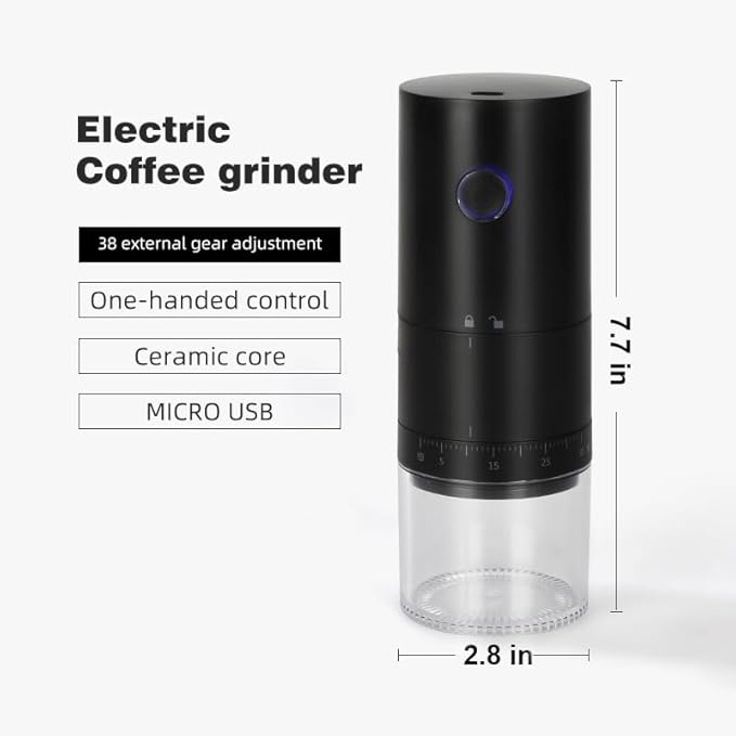 Portable Electric Burr Coffee Grinder with 38 Adjustable Grind Settings - USB Rechargeable Ceramic Core Conical Burr, Coffee Bean Grinder for Espresso, French Press, Travel, Camping, Home & Office Use