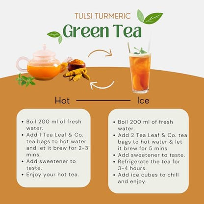 Tealeaf & Co. Turmeric Tulsi Holy Basil Green Tea - Turmeric, Tulsi & Peppermint Tea Blended with Fresh Herbs & Spices - Low Caffeine & Vegan - 100 Teabags (7.055oz/200gm)