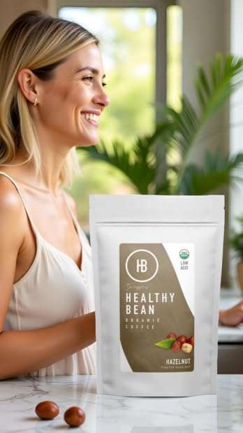 Healthy Bean Organic Ground Coffee Hazelnut Infused - Low Acid Coffee for Sensitive Stomachs - Medium Roast Blend, USDA Organic, Smooth and Creamy Roasted Hazelnuts Flavor, 11oz