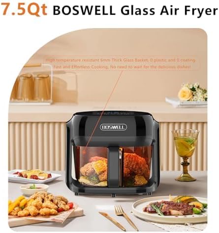 BOSWELL Glass Air Fryer, 7.5QT with Transparent Fry Bowl, Circulating Heating, Temperature Control, Air Fryer Roast, Dishwasher Safe