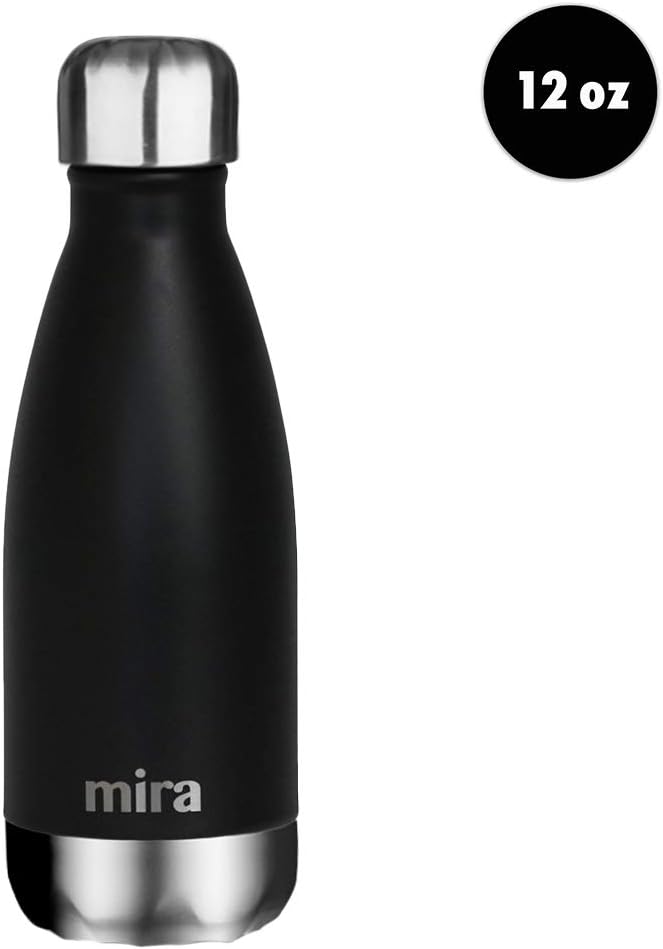 MIRA 12 oz Insulated Water Bottle - Slim Stainless Steel Cola Shape Thermo - Double Wall Hot & Cold Flask (24Hr Cold/12Hr Hot) - Black