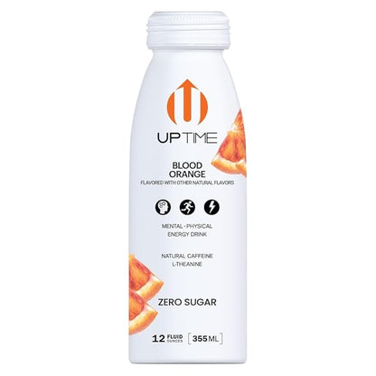 UPTIME Energy Drink, Blood Orange Sparkling, 12 Pack, Vitamin C, L Theanine, Calcium, Sugar Free Energy Drinks for Focus Support, 142mg of Natural Caffeine, 0 Calories, Clean, Natural, 12 fl oz Cans