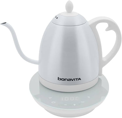Bonavita Cosmopolitan 1.0L Gooseneck Electric Kettle, Stainless Steel Water Boiler for Coffee Brew and Tea Precise Pour Control, 6 Preset Temps, Glass Touch Panel, 1200W Fast Boil, White