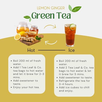 Tealeaf & Co. Lemon Ginger Green Tea with Ginger, Lemon Flavor, Orange Peel, Mint & Black Pepper - Organic Green Tea Bags with Fresh Herbs and Spices - Vegan - 100 Teabags (7.055oz/200gm)