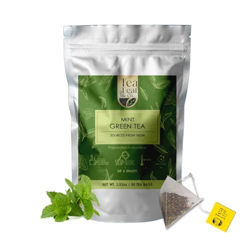 Tealeaf & Co. Mint Green Tea Bags Blended with Fresh Herbs - Spearmint & Peppermint Tea - Contains Low Caffeine - Gluten Free - 100 Teabags (7.055oz/200gm)