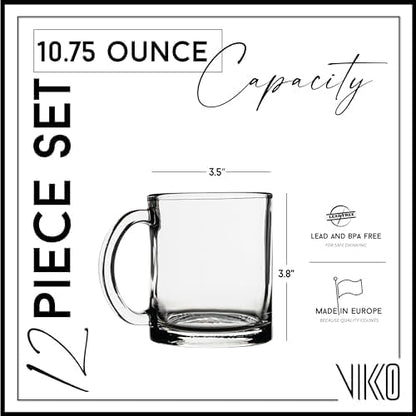 Vikko 10.75 Ounce Clear Glass Coffee Mugs - Set of 12, Microwave and Dishwasher Safe