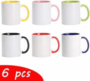 11oz White Ceramic Sublimation Coffee Mug With Solid Colors Inside and Handle， Mixed 6 Colors of Black, Red, Blue, Yellow, Green and Pink, Case of 6