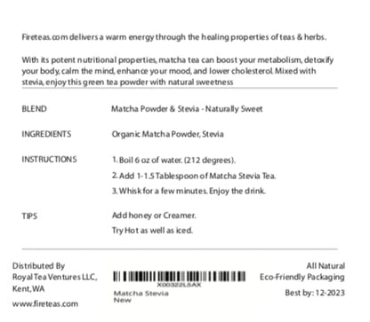 FIRE TEAS Sugar Free Matcha Tea with Stevia - Naturally Sweetened Green Tea Powder -)