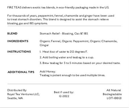 FIRE TEAS - Soothing Stomach Relief Herbal Tea- Irritable Bowel, Diverticulitis & Abdominal Discomfort - Organic Fennel, Peppermint, Chamomile, Ginger -