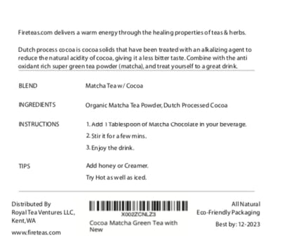 FIRE TEAS Chocolate Matcha Green Tea Powder (90 grams) - Smooth Cocoa Mix with Green Tea Powder -