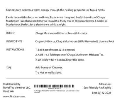 FIRE TEAS Organic Chaga Mushroom Herbal Tea with Hibiscus & Licorice Root - Packed with Antioxidants -