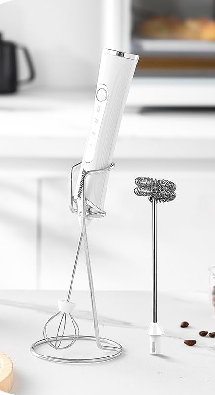 Handheld Milk Frother, Handheld Coffee Whisk, Low-Noise, USB Rechargeable, Black and White Color (White with Stand)