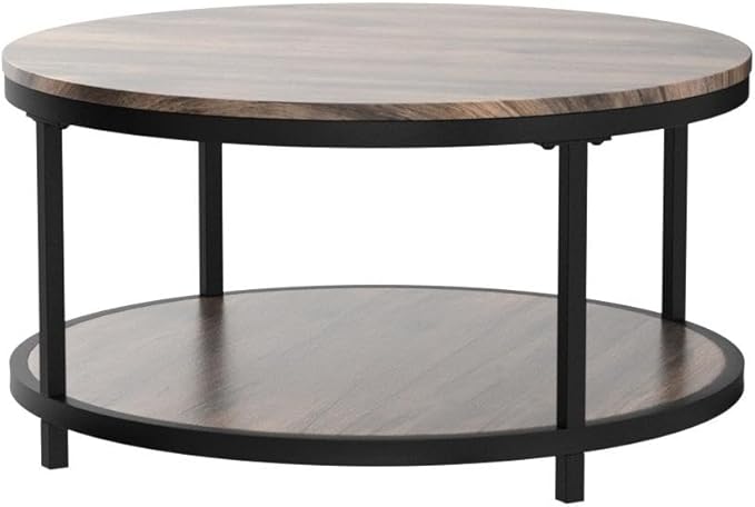 NSdirect Round Coffee Table, 36” Coffee Table for Living Room, 2-Tier Wood Desktop & Sturdy Metal Legs Table Home Furniture with Storage Shelf (Walnut)