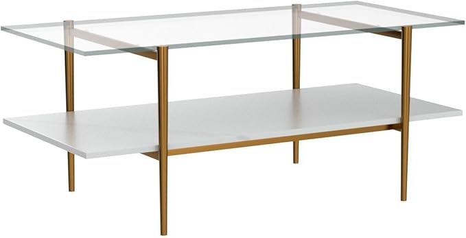 AGV LIGHTING Tadio Glass Coffee Table, Mid-Century Modern Coffee Table for Living Room, Gold Finish Leg, Clear Glass Top & Faux Marble Shelf, 41 in