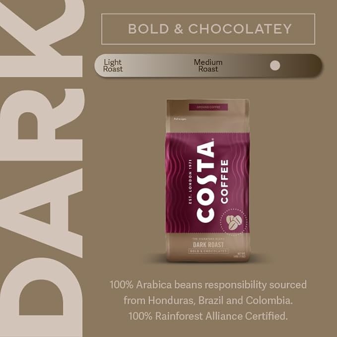 Costa Coffee Whole Bean Coffee, Signature Blend Dark Roast, 12oz each, Rainforest Alliance Certified