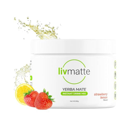 LivMatte Yerba Mate Instant Tea Powder-Natural Caffeine Flavored Drink Mix, Sugar-Free, Clean Energy, Mental Focus + Wellness Support I 30 Servings (Strawberry Lemon)