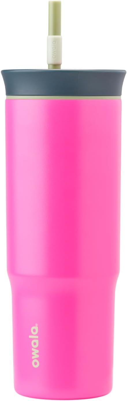 Owala Stainless Steel Triple Layer Insulated Travel Tumbler with Spill Resistant Lid and Straw, BPA Free, 24 oz, Brown/Pink (Watermelon Breeze)
