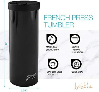 bobble French Coffee Presse, On-The-Go use, Quick Brew, Slim Design, Triple Wall Insulation, 14 oz (Stainless Steel)