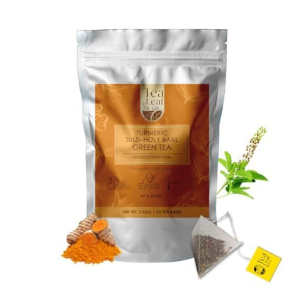 Tealeaf & Co. Turmeric Tulsi Holy Basil Green Tea - Turmeric, Tulsi & Peppermint Tea Blended with Fresh Herbs & Spices - Low Caffeine & Vegan - 100 Teabags (7.055oz/200gm)