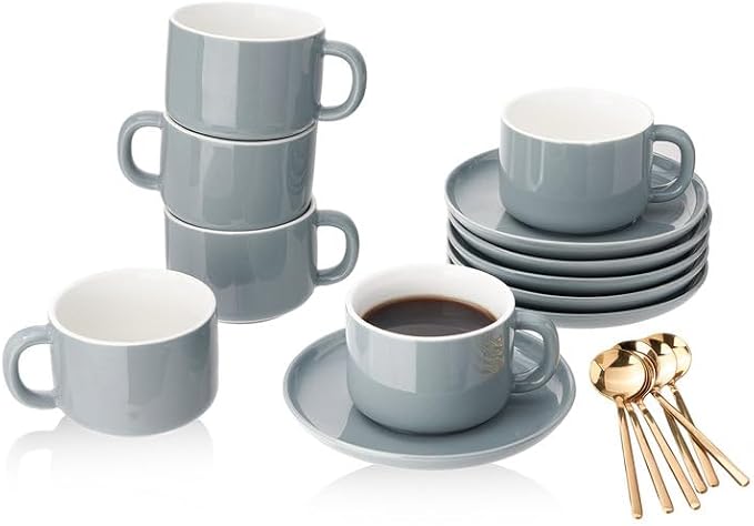 7 oz Coffee Cups with Saucers Spoons - Set of 6 Cappuccino Cups, Grey Porcelain Cups Serving for Tea Espresso Latte Mocha