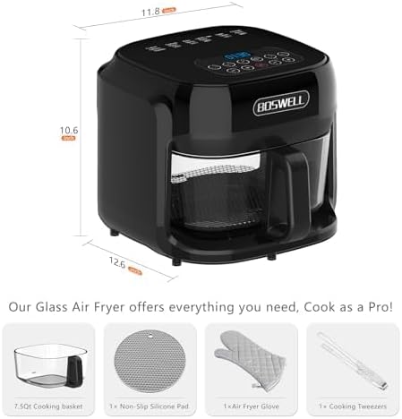 BOSWELL Glass Air Fryer, 7.5QT with Transparent Fry Bowl, Circulating Heating, Temperature Control, Air Fryer Roast, Dishwasher Safe