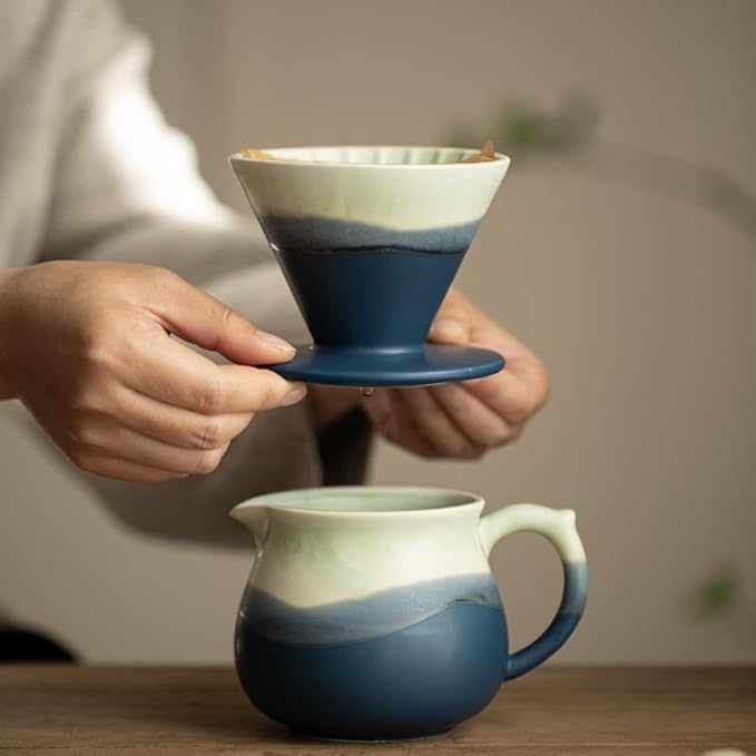 Handmade Gradient White Blue Pour Over Coffee Maker with Pour Set Fambe Ceramic Coffee Dripper Brewer Heat Resistant Coffee Pot Decanter ACM07G