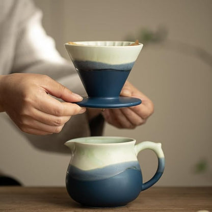 Handmade Gradient White Blue Pour Over Coffee Maker with Pour Set Fambe Ceramic Coffee Dripper Brewer Heat Resistant Coffee Pot Decanter ACM07G