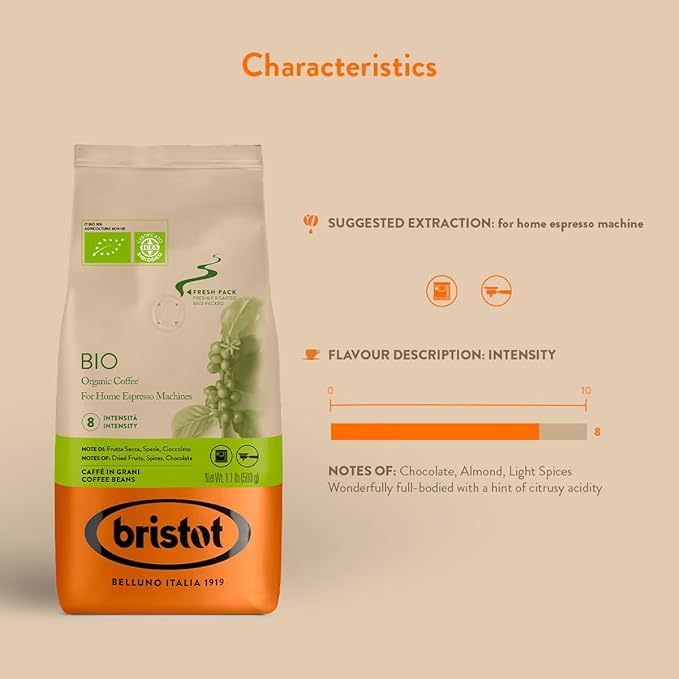 Bristot Bio Organic Italian Espresso Beans | Italian Whole Beans | Medium Roast | 1.1lb/500g (Pack of 2)
