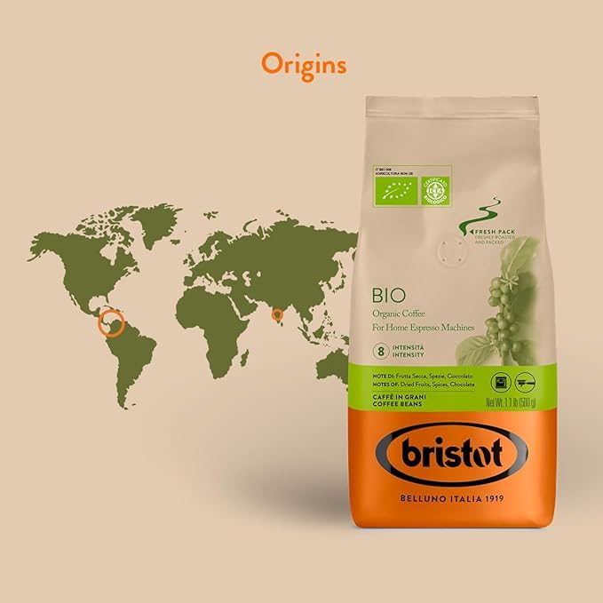 Bristot Bio Organic Italian Espresso Beans – Whole Bean Coffee, Medium Roast – Smooth & Aromatic with Spices, Caramel & Sandalwood Notes – 1.1 lb (500 g), Certified USDA Organic