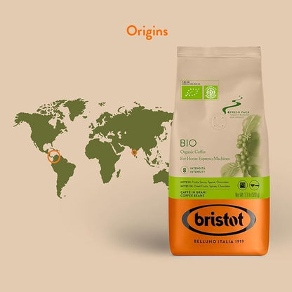 Bristot Bio Organic Italian Espresso Beans – Whole Bean Coffee, Medium Roast – Smooth & Aromatic with Spices, Caramel & Sandalwood Notes – 1.1 lb (500 g), Certified USDA Organic