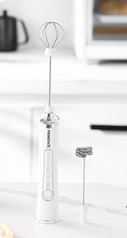 Handheld Milk Frother, Handheld Coffee Whisk, Low-Noise, USB Rechargeable, Black and White Color (White without Stand)