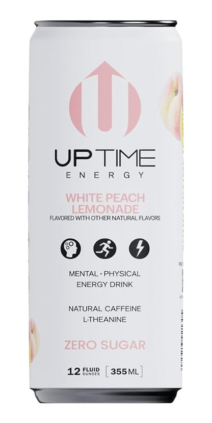 UPTIME Energy Drink, White Peach Lemonade Sparkling, 12 Pack, Vitamin C, L Theanine, Calcium, Sugar Free Energy Drinks for Focus Support, 142mg of Natural Caffeine, 5 Calories, Clean, 12 fl oz Cans