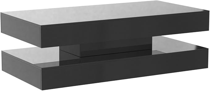 Uspeedy 47.3in Large High Glossy LED Coffee Table with 2 Storage Drawers,Black/White Modern Coffee Tables for Living Room,Living Room Tables,APP LED Lights (Black)