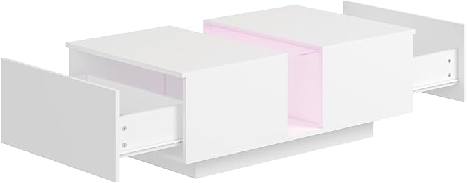 White Led Coffee Table for Living Room, Rectangular Living Room Table with Storage, Acrylic Coffee Tables with 2 Sliding Drawers, Wood Center Table for Reception Dinning Room