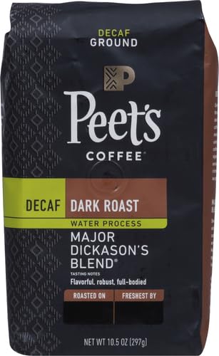 Peet's Coffee, Dark Roast Decaffeinated Ground Coffee - Decaf Major Dickason's Blend 10.5 Ounce Bag (Pack of 2)