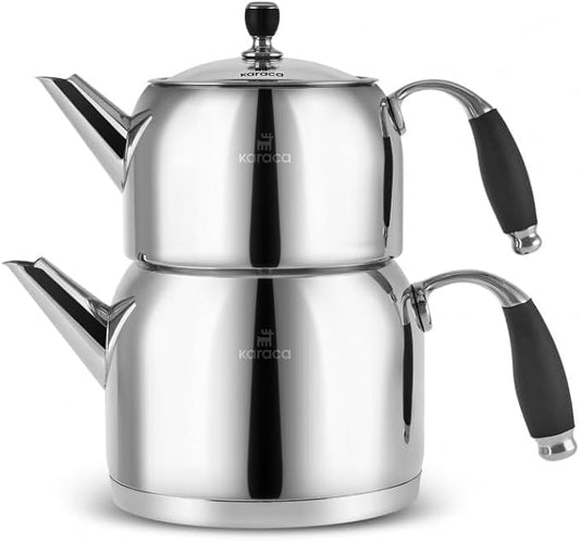 Karaca Stella Stainless Steel Turkish Teapot Set XL, 1L Tea Pot & 2L Water Tank (Kettle), Stove Top/Induction Compatible, Elegant Silver Color, Easy to Clean, Heat-Resistant Handles