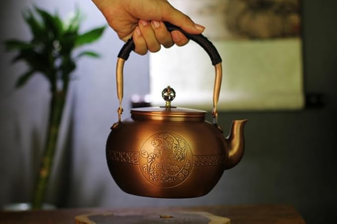 KunwuShan KWS Handmade Copper Teapot, 1.5mm Thick, 1600ml, Red, No Coating, Pure Copper, Large Size, With Lid