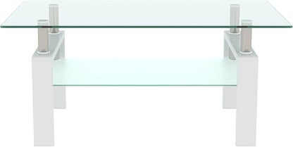 Glass Coffee Table Rectangle White Living Room Center Table, 39inch Transparent Tempered Glass Tabletop and Metal Frame, White + Clear Glass