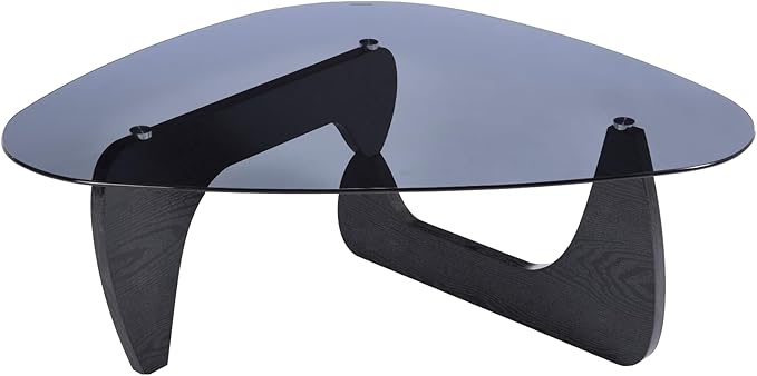 Modern Noguchi Coffee Table, Triangle Coffee Table with Tempered Glass Modern Vintage Glass Tea Table Wood Glass Accent Center Table for Living Room, 44.5”x32”x16.5”, Black Grey