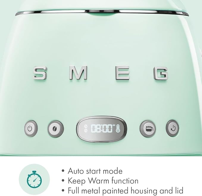 Smeg 50's Retro Style Aesthetic Drip Coffee Machine with 10 Cup Glass Carafe, Auto Start Feature, Keep Warm Plate, and Two Coffee Strength Settings (Pastel Green)