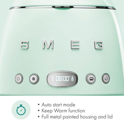 Smeg 50's Retro Style Aesthetic Drip Coffee Machine with 10 Cup Glass Carafe, Auto Start Feature, Keep Warm Plate, and Two Coffee Strength Settings (Pastel Green)