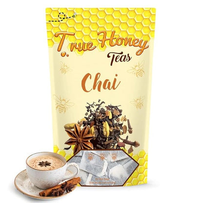 True Honey Chai Tea Bags - Providing Herbal Wellness - All Natural Organic Cinnamon, Clove, Coriander, Anise and Fennel Black - Blended with Honey Crystals Blended - 24 Count