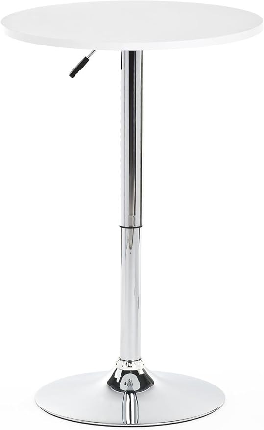 Displays2go Height Adjustable Bar Table, 23.5-inch Round Pub Table with 360-degree Rotation, Aluminum & MDF (White)